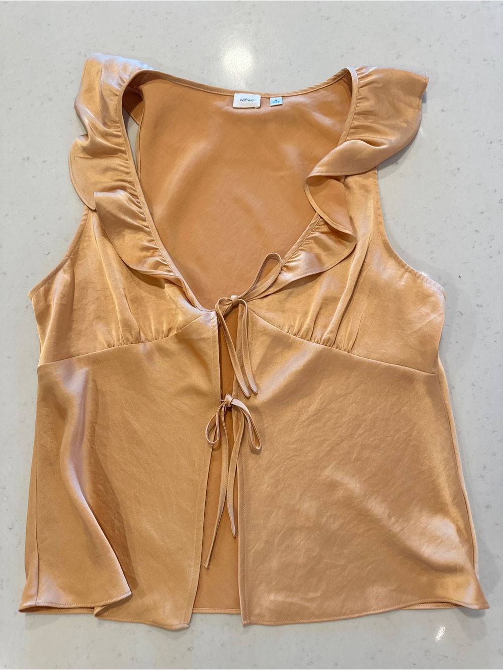 NWOT Aritzia Wilfred Silk Tie Front Sleeveless Blouse Medium Umber Orange Tan